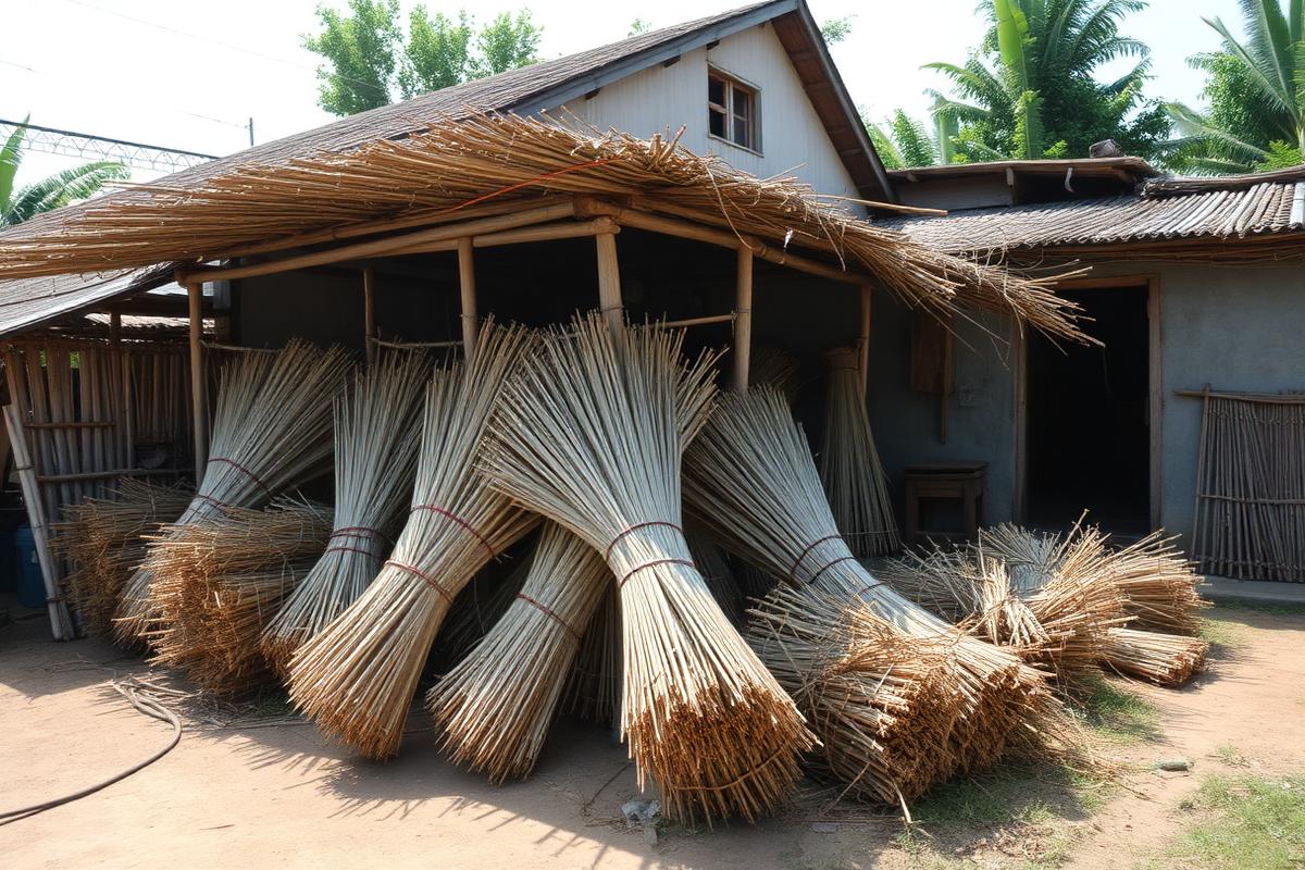 มัดเส้นวัตถุดิบธรรมชาติตากแห้งอยู่ที่ลานบ้านในชุมชนภาคเหนือ